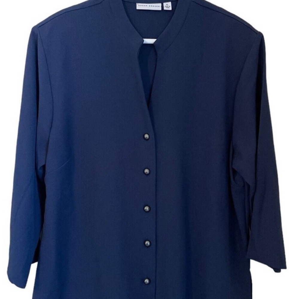 Like New Susan Graver Navy Blue Crepe Mandarin Collar 3/4 Sleeve Top Size XL